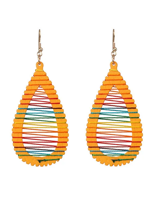 02 E193 Golden Yellow Wooden Teardrop with Multi String Earrings Earrings