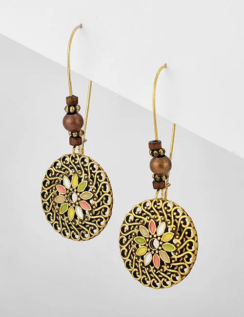 02 Earrings E451 Bronze Round Filigree Baked Enamel Earrings