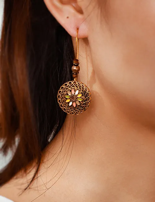 02 Earrings E451 Bronze Round Filigree Baked Enamel Earrings