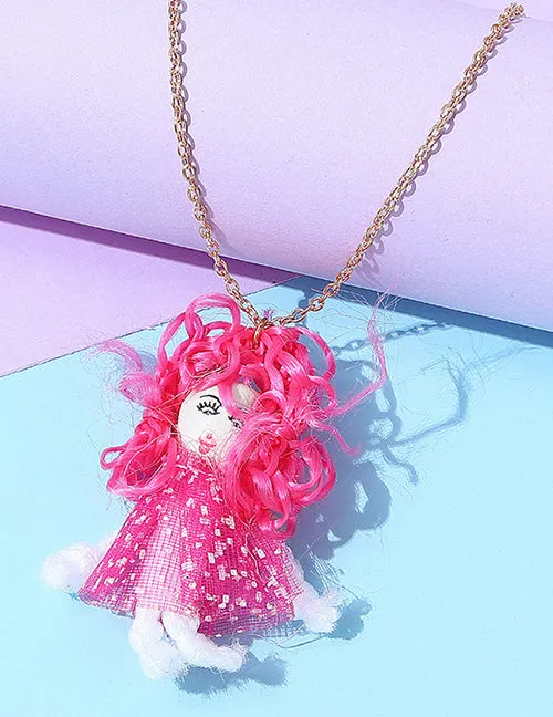 02 Earrings L78 Gold Hot Pink Hair Doll Necklace FREE EARRINGS