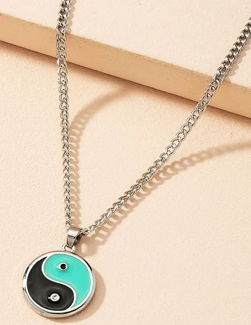 02 N117 Silver Green Yin Yang Necklace with FREE Earrings Necklaces