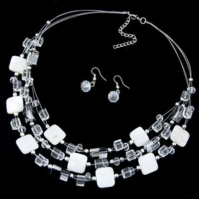 02 N528 White Gemstone Multi Layer Necklace with FREE Earrings Necklaces