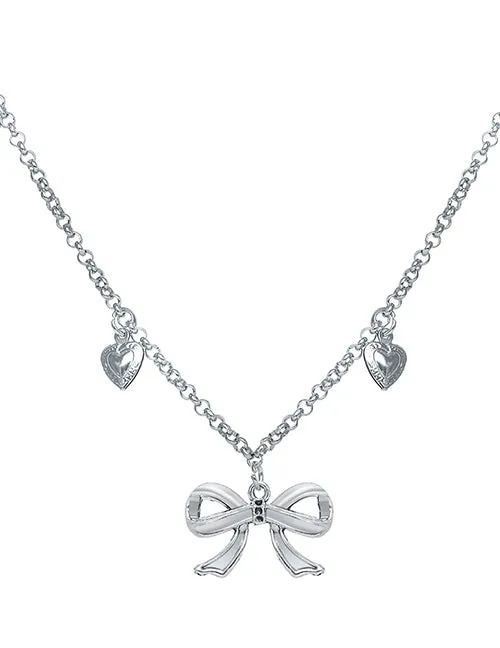 02 N846 Silver Bow Hearts Necklace with FREE Earrings Necklaces