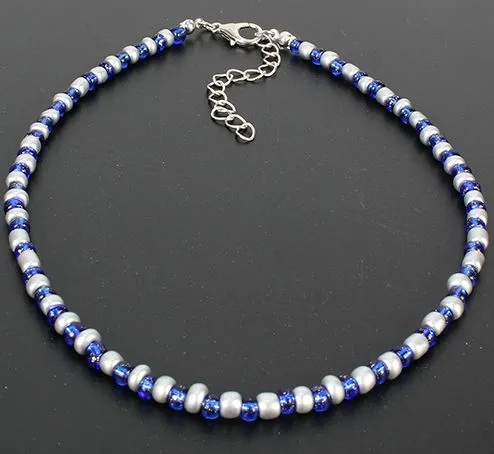 02 Necklaces AZ1051 Silver Blue Silver Seed Bead Choker Necklace with FREE Earrings