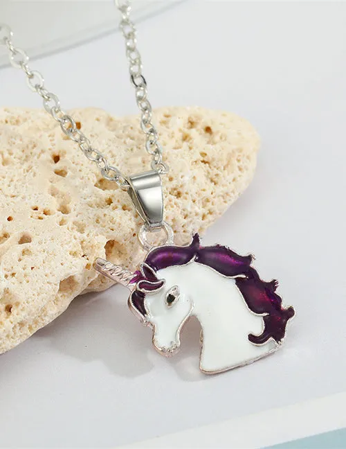 02 Necklaces L34 Silver Baked Enamel Purple Unicorn Necklace with FREE Earrings