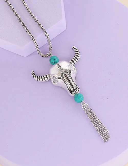 02 Necklaces N1100 Silver Turquoise Stone Bull Head Tassel Necklace with FREE Earrings 02 Necklaces N1100 Silver Turquoise Stone Bull Head Tassel Necklace with FREE Earrings
