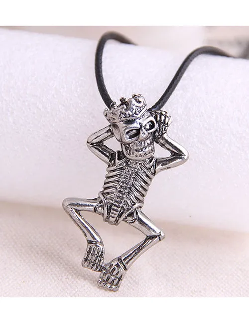 02 Necklaces N1182 Silver Lounging Skeleton on Leather Cord Necklace
