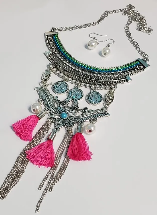02 Necklaces N1778 Silver Coin Hot Pink Tassel Design Necklace with FREE Earrings 02 Necklaces N1778 Silver Coin Hot Pink Tassel Design Necklace with FREE Earrings