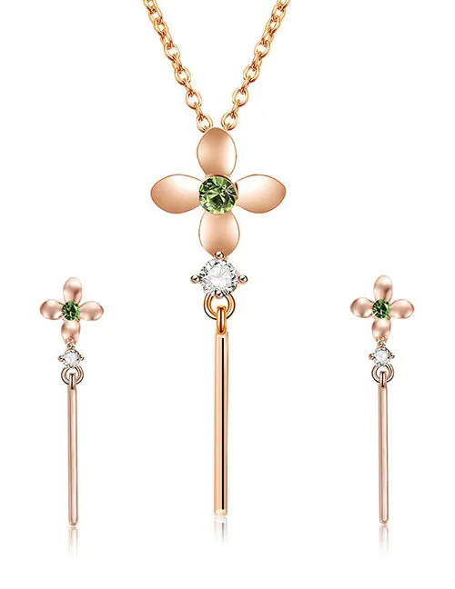 02 Necklaces N327 Gold Green Gem Tassel Necklace with FREE Earrings