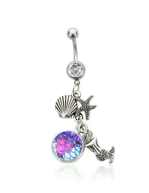 02 P23 Silver Iridescent Purple Fish Scale Mermaid Charm Belly Button Ring Rings