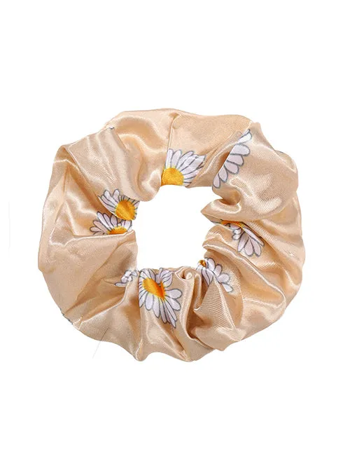 02 Rings H761 Satin Beige Daisy Flower Hair Scrunchie