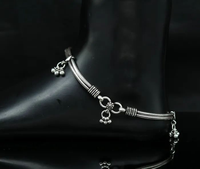 105 925 Sterling silver Vintage style customized snake chain anklets ankle bracelet foot bracelet with hanging bells jewelry nank274 TRIBAL ORNAMENTS Bracelets