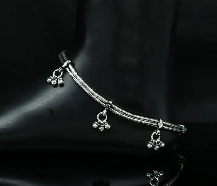 105 925 Sterling silver Vintage style customized snake chain anklets ankle bracelet foot bracelet with hanging bells jewelry nank274 TRIBAL ORNAMENTS Bracelets