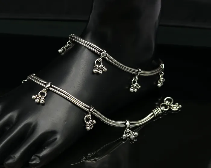 105 925 Sterling silver Vintage style customized snake chain anklets ankle bracelet foot bracelet with hanging bells jewelry nank274 TRIBAL ORNAMENTS Bracelets
