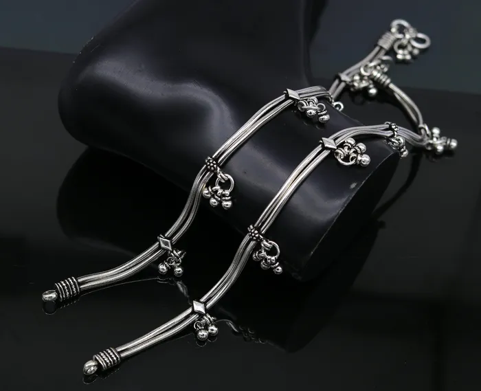 105 925 Sterling silver Vintage style customized snake chain anklets ankle bracelet foot bracelet with hanging bells jewelry nank274 TRIBAL ORNAMENTS Bracelets