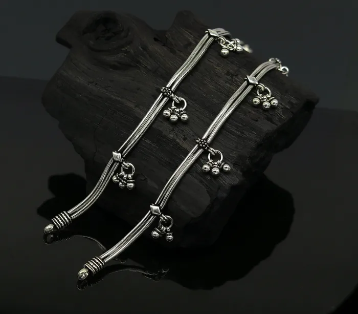 105 925 Sterling silver Vintage style customized snake chain anklets ankle bracelet foot bracelet with hanging bells jewelry nank274 TRIBAL ORNAMENTS Bracelets