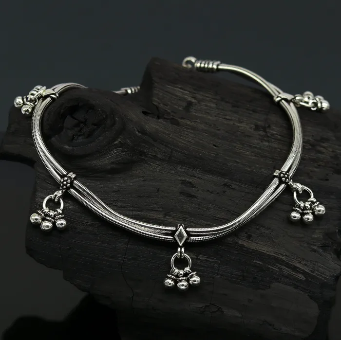 105 925 Sterling silver Vintage style customized snake chain anklets ankle bracelet foot bracelet with hanging bells jewelry nank274 TRIBAL ORNAMENTS Bracelets