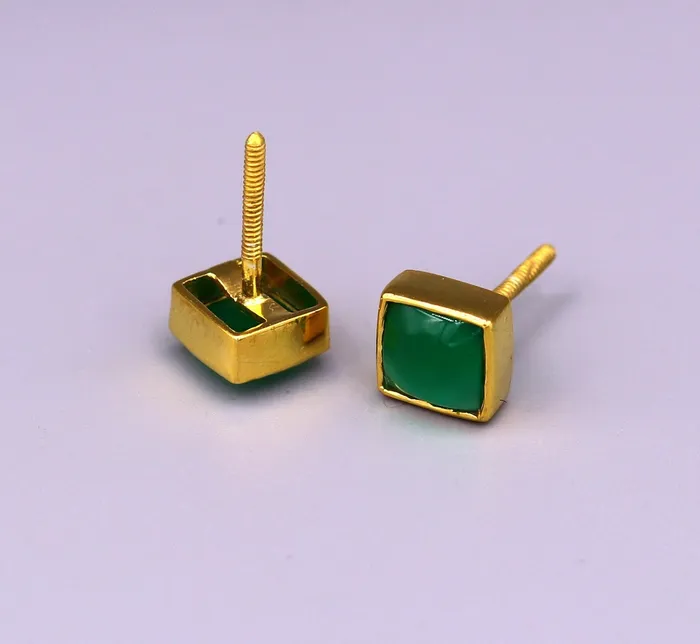 22 kt yellow gold handmade fabulous green stone stud earring unisex gifting jewelry excellent design stud TRIBAL ORNAMENTS Earrings 22 kt yellow gold handmade fabulous green stone stud earring unisex gifting jewelry excellent design stud TRIBAL ORNAMENTS Earrings