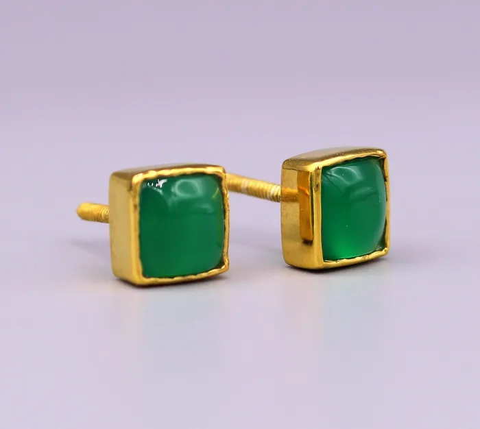 22 kt yellow gold handmade fabulous green stone stud earring unisex gifting jewelry excellent design stud TRIBAL ORNAMENTS Earrings