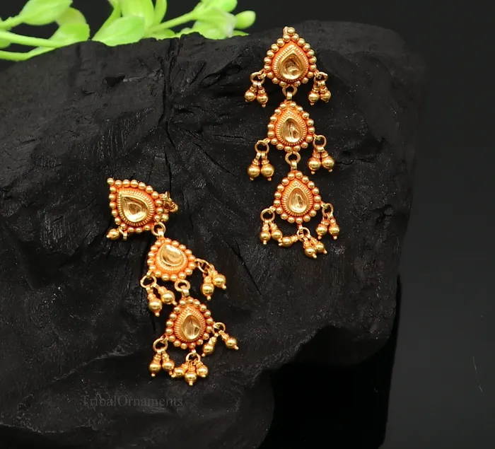 22Kt yellow gold handmade Vintage antique tussi design earring gorgeous brides gifting stud earring drop dangle wedding jewelry ear130 TRIBAL ORNAMENTS Earrings