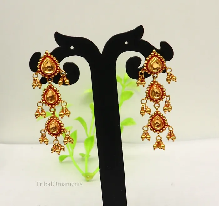 22Kt yellow gold handmade Vintage antique tussi design earring gorgeous brides gifting stud earring drop dangle wedding jewelry ear130 TRIBAL ORNAMENTS Earrings