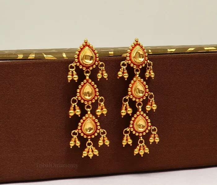 22Kt yellow gold handmade Vintage antique tussi design earring gorgeous brides gifting stud earring drop dangle wedding jewelry ear130 TRIBAL ORNAMENTS Earrings