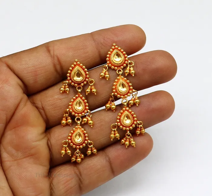 22Kt yellow gold handmade Vintage antique tussi design earring gorgeous brides gifting stud earring drop dangle wedding jewelry ear130 TRIBAL ORNAMENTS Earrings
