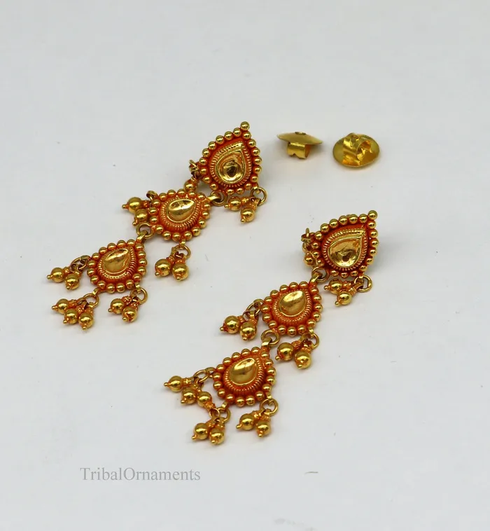 22Kt yellow gold handmade Vintage antique tussi design earring gorgeous brides gifting stud earring drop dangle wedding jewelry ear130 TRIBAL ORNAMENTS Earrings