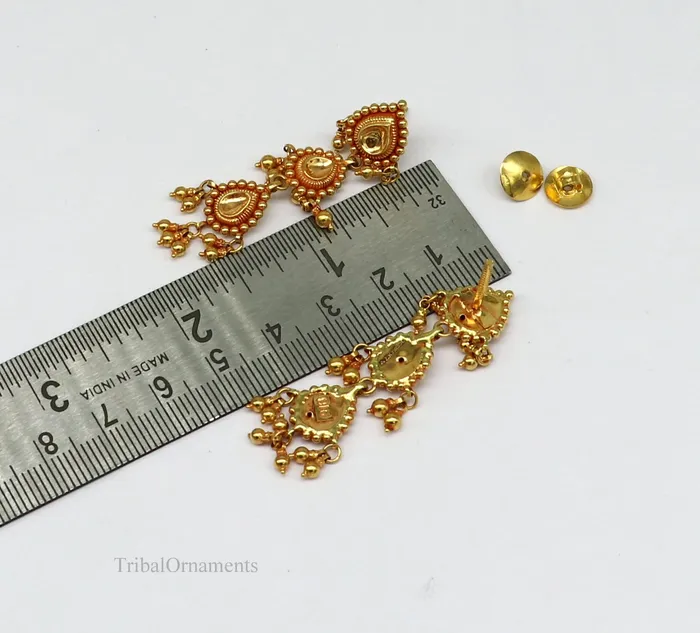 22Kt yellow gold handmade Vintage antique tussi design earring gorgeous brides gifting stud earring drop dangle wedding jewelry ear130 TRIBAL ORNAMENTS Earrings