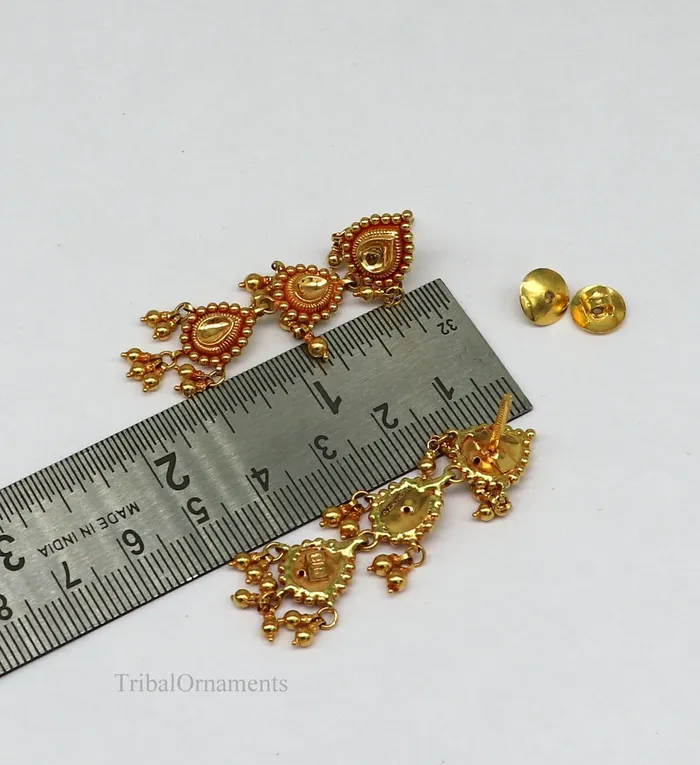 22Kt yellow gold handmade Vintage antique tussi design earring gorgeous brides gifting stud earring drop dangle wedding jewelry ear130 TRIBAL ORNAMENTS Earrings