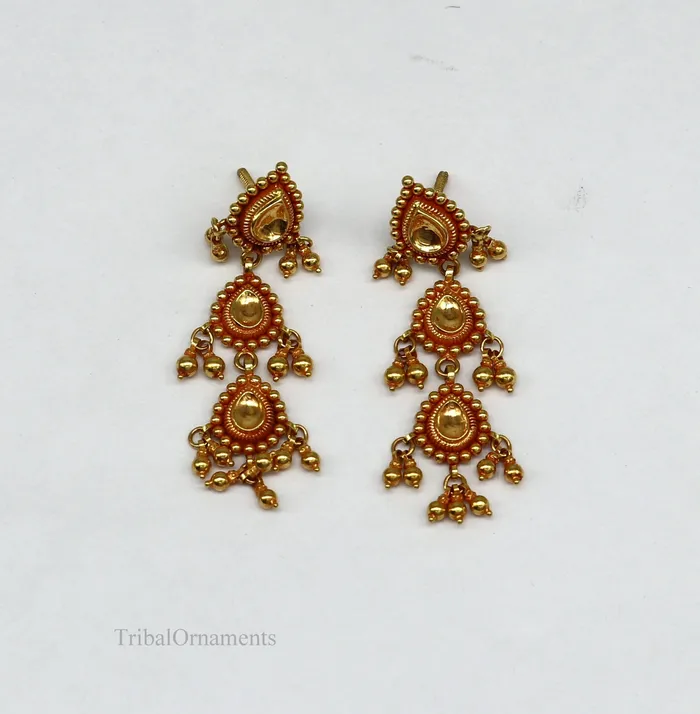 22Kt yellow gold handmade Vintage antique tussi design earring gorgeous brides gifting stud earring drop dangle wedding jewelry ear130 TRIBAL ORNAMENTS Earrings