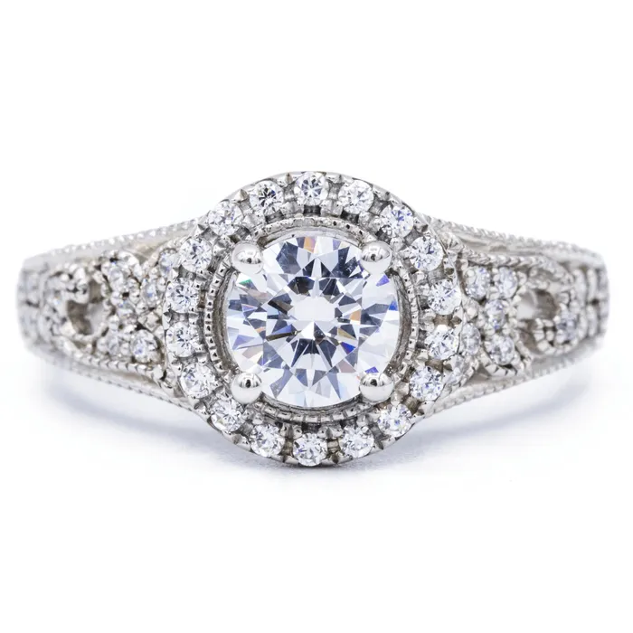 65mm Round Center 14K White Solid Gold Halo Milgrain Design Ring Fire Brilliance Rings 65mm Round Center 14K White Solid Gold Halo Milgrain Design Ring Fire Brilliance Rings