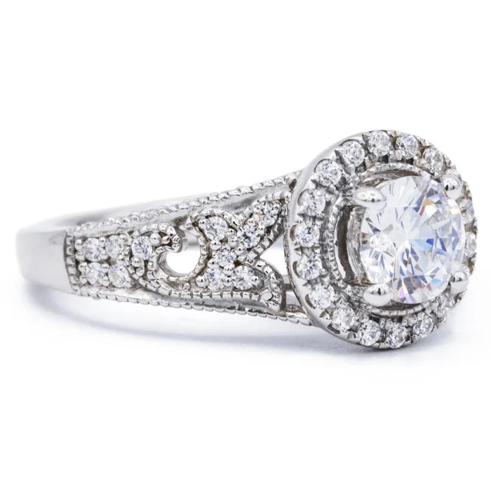 65mm Round Center 14K White Solid Gold Halo Milgrain Design Ring Fire Brilliance Rings