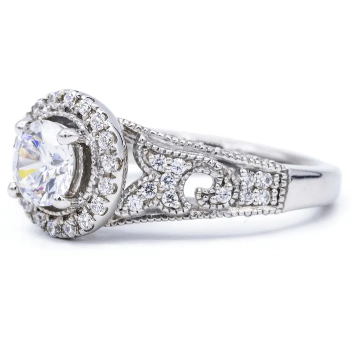65mm Round Center 14K White Solid Gold Halo Milgrain Design Ring Fire Brilliance Rings