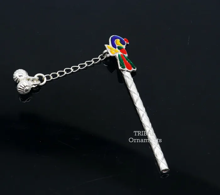 7 cm long sterling silver handmade idol baby Krishna flute silver bansuri laddu gopala flute little krishna flute puja art su793 TRIBAL ORNAMENTS Necklaces