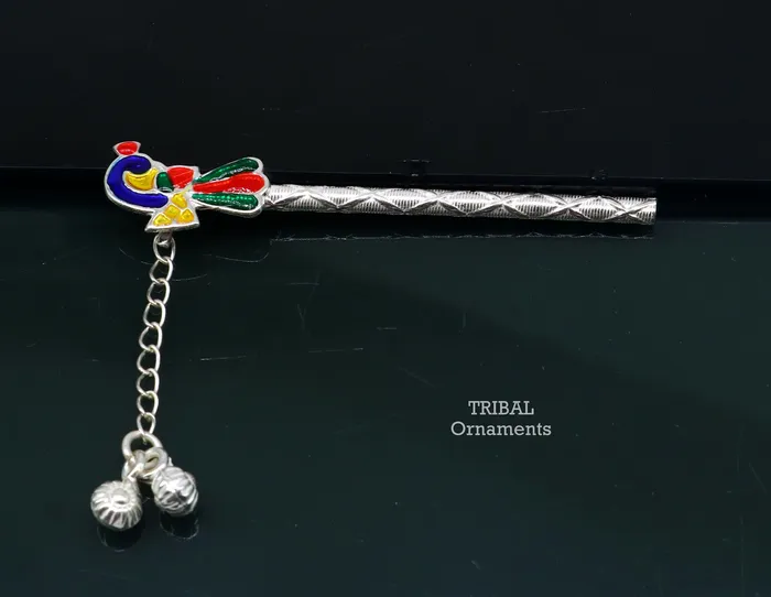 7 cm long sterling silver handmade idol baby Krishna flute silver bansuri laddu gopala flute little krishna flute puja art su793 TRIBAL ORNAMENTS Necklaces