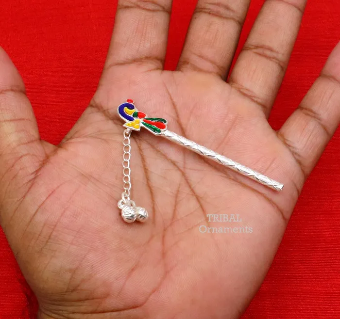 7 cm long sterling silver handmade idol baby Krishna flute silver bansuri laddu gopala flute little krishna flute puja art su793 TRIBAL ORNAMENTS Necklaces