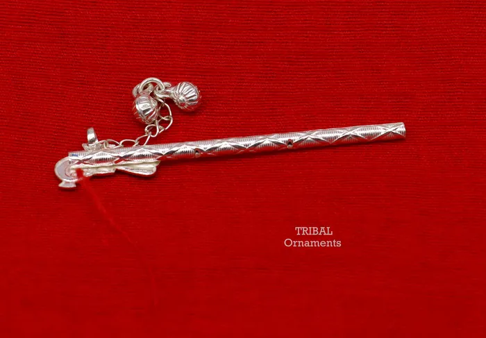 7 cm long sterling silver handmade idol baby Krishna flute silver bansuri laddu gopala flute little krishna flute puja art su793 TRIBAL ORNAMENTS Necklaces