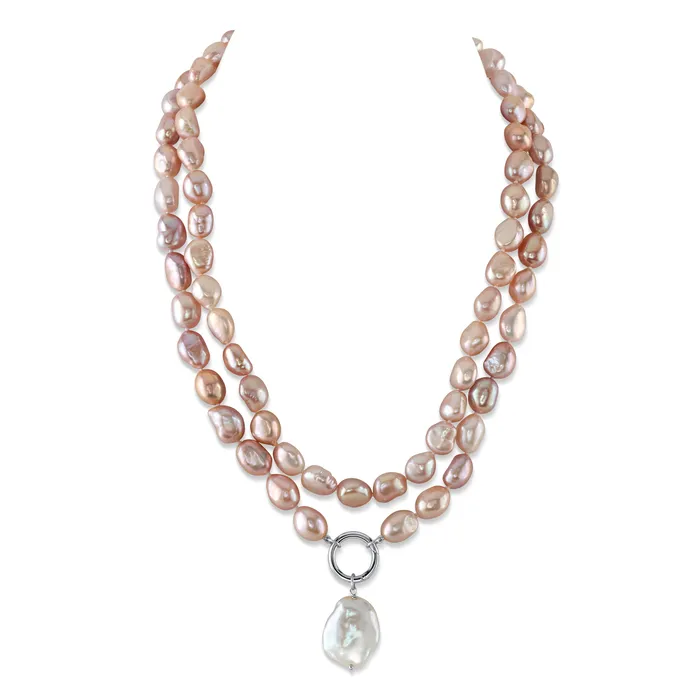 95105mm Oval Pink Freshwater Pearl Double Strand Necklace SPT Necklaces