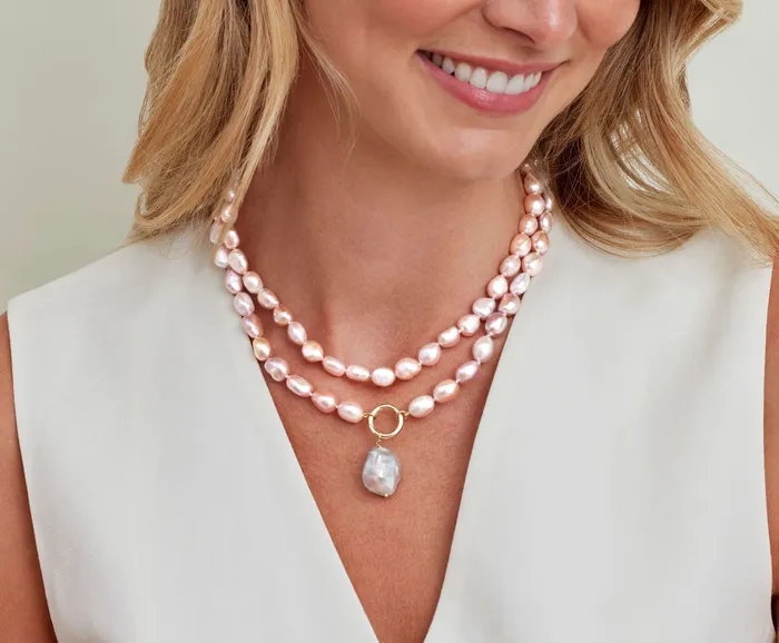 95105mm Oval Pink Freshwater Pearl Double Strand Necklace SPT Necklaces 95105mm Oval Pink Freshwater Pearl Double Strand Necklace SPT Necklaces