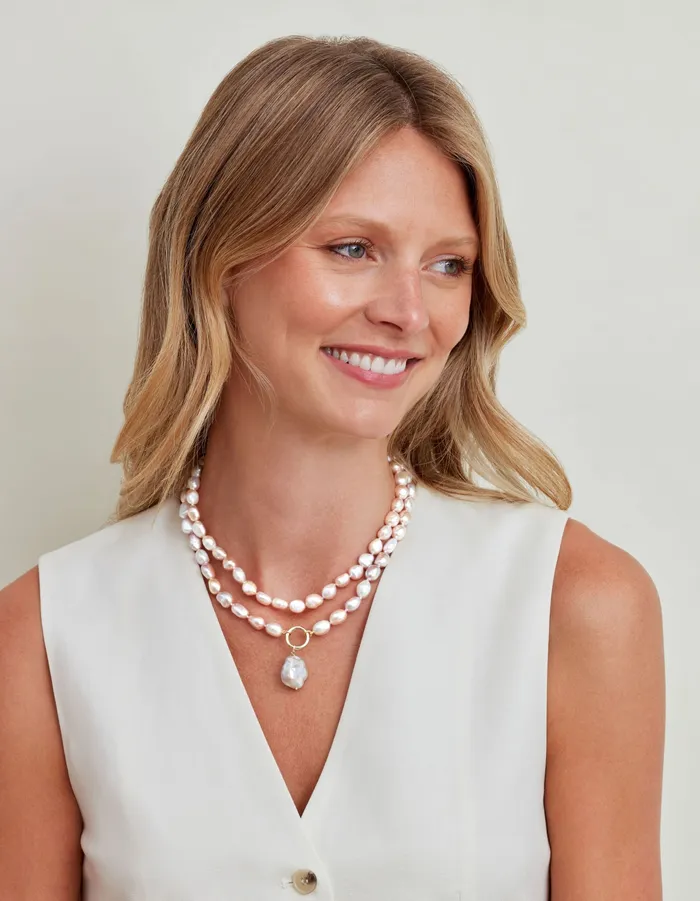 95105mm Oval Pink Freshwater Pearl Double Strand Necklace SPT Necklaces 95105mm Oval Pink Freshwater Pearl Double Strand Necklace SPT Necklaces