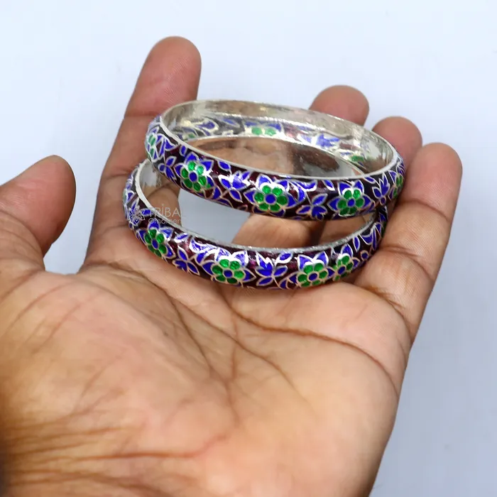 925 sterling meenakari style work designer bangle bracelet pure silver gifting jewelry brides made bangles ba425 TRIBAL ORNAMENTS Bracelets