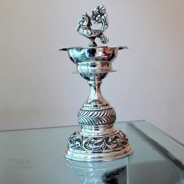 925 sterling silver handcrafted vintage work oil lamp or candle stand silver Deepak silver article puja utensils silver figurine su91 TRIBAL ORNAMENTS Rings