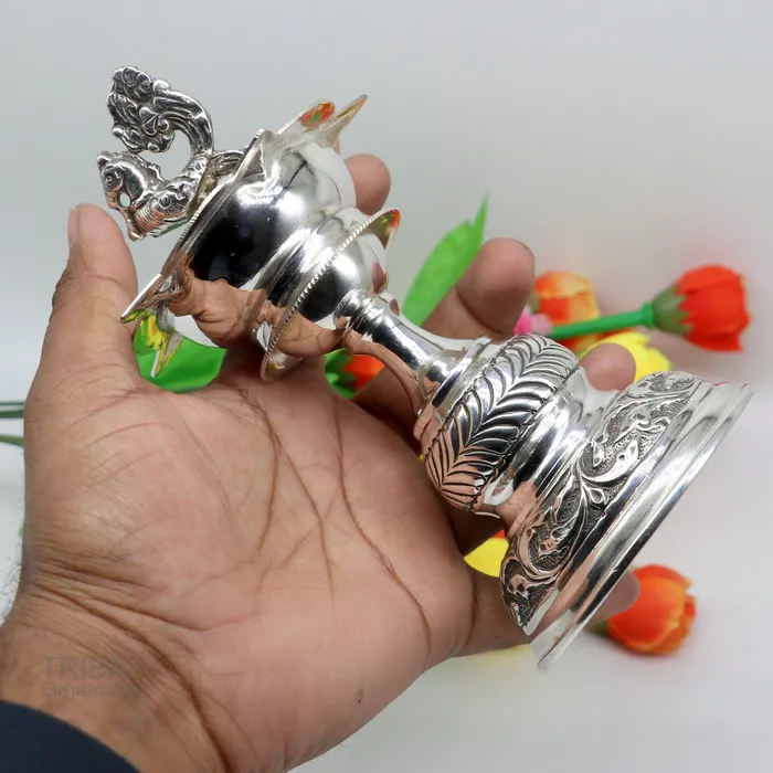 925 sterling silver handcrafted vintage work oil lamp or candle stand silver Deepak silver article puja utensils silver figurine su91 TRIBAL ORNAMENTS Rings