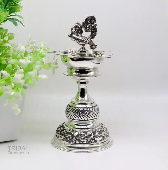 925 sterling silver handcrafted vintage work oil lamp or candle stand silver Deepak silver article puja utensils silver figurine su91 TRIBAL ORNAMENTS Rings