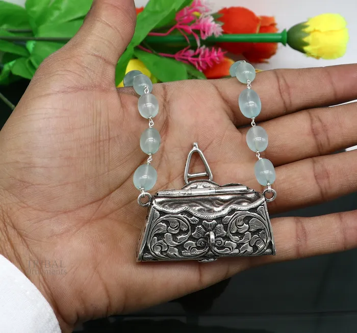 925 sterling silver handmade wallet style locket pendant with gorgeous quartz stone necklace best gifting container necklace set301 TRIBAL ORNAMENTS Necklaces