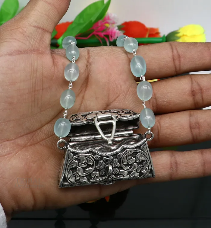 925 sterling silver handmade wallet style locket pendant with gorgeous quartz stone necklace best gifting container necklace set301 TRIBAL ORNAMENTS Necklaces