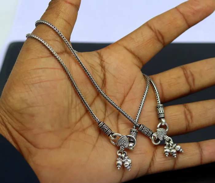 925 Sterling silver handmade wheat chain ankle bracelet vintage oxidized charm anklets tribal belly dance customized jewelry nank456 TRIBAL ORNAMENTS Bracelets