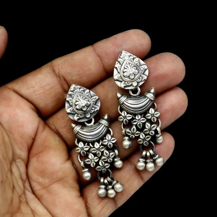 925 sterling silver unique work floral design stud earrings with hanging drops ethnic brides jewellery India s1316 TRIBAL ORNAMENTS Earrings 925 sterling silver unique work floral design stud earrings with hanging drops ethnic brides jewellery India s1316 TRIBAL ORNAMENTS Earrings