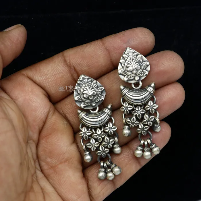 925 sterling silver unique work floral design stud earrings with hanging drops ethnic brides jewellery India s1316 TRIBAL ORNAMENTS Earrings 925 sterling silver unique work floral design stud earrings with hanging drops ethnic brides jewellery India s1316 TRIBAL ORNAMENTS Earrings